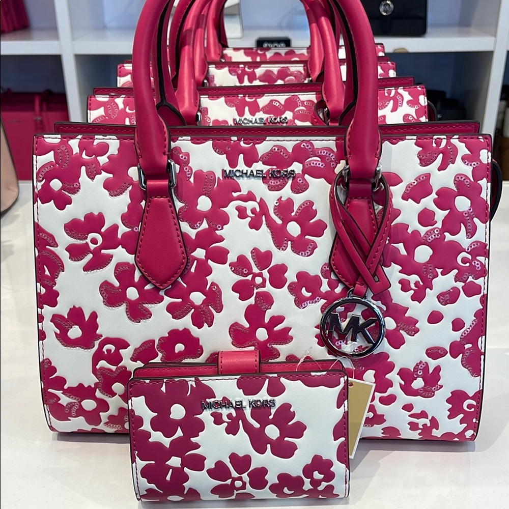 Michael Kors Sheila Md Sequined Floral Print CZ Satchel & JST Md Bi-Fold Wallet - Picture 1 of 16